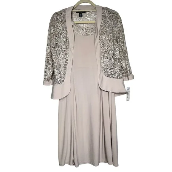 R&M Richards Womens 2 Piece Ruffled Lace Jacket & Dress Champagne Size 6P - Picture 1 of 16